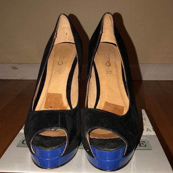 Aldo Suede Open-Toe Pumps- Black/Blue Size 8 - Picture 3 of 5